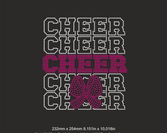 May include: Rhinestone template design for a cheerleading uniform. The design features the word "CHEER" repeated five times in white rhinestones and a pink bow in the center. The design measures 9.15 inches by 10.018 inches.