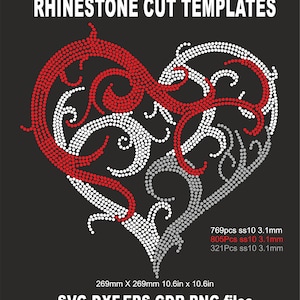 Puede incluir: Una plantilla de corte de diamantes de imitación para un diseño de corazón con diamantes de imitación rojos y blancos. La plantilla mide 10,6 pulgadas por 10,6 pulgadas e incluye archivos SVG, DXF, EPS, CDR y PNG.