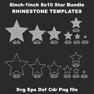 Puede incluir: Gráfico negro con plantillas de estrellas de pedrería en varios tamaños, de 2,6 cm a 21,3 cm. La imagen incluye el texto "8inch-1inch Ss10 Star Bundle RHINESTONE TEMPLATES" y opciones de tipo de archivo.