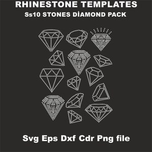 May include: A digital download of rhinestone templates featuring various diamond shapes. The templates are designed for use with SS10 size rhinestones. The text "Svg Eps Dxf Cdr Png file" is included in the image.