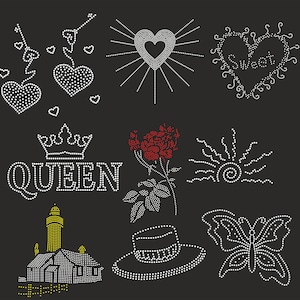 Queen RhineStone Bundle Templates 9 Kinds of model Bundle templates ss10, ss6 Heart,Queen,Rose,Sun,Hotfix İron on transfer woman shirts svg