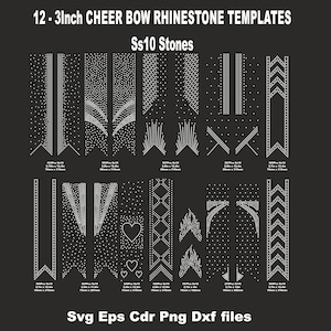 12 modèles de strass Cheer Bow 3 pouces, strass ss10, queue en V, 3 pouces, divers motifs, téléchargement numérique, svg, eps, png, dxf