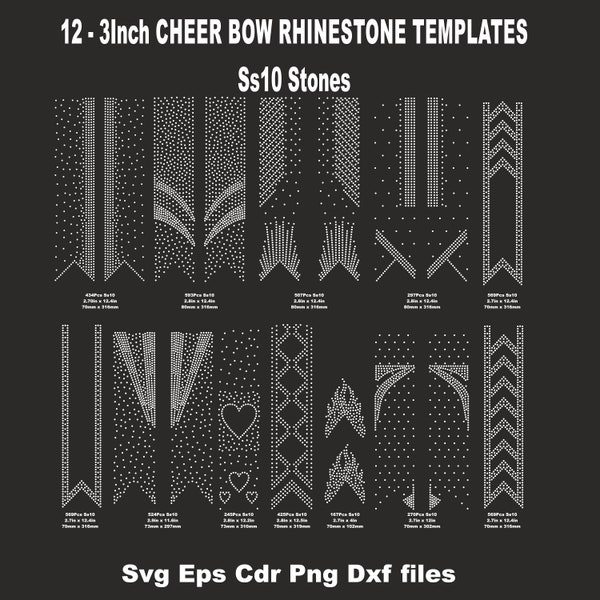 12 Cheer Bow 3 inch Rhinestone Templates, ss10 rhinestones, V tail, 3 inch, various patterns, digital download, svg, eps, png, dxf