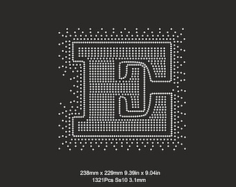 May include: A rhinestone template for the letter "E" in white on a black background. The template is 9.39 inches by 9.04 inches and requires 1321 rhinestones, size 10, 3.1 mm. The template is available in SVG, EPS, DXF, CDR, and PNG file formats.