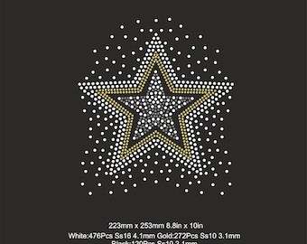 May include: A rhinestone template design of a gold star with a white outline on a black background. The template is 8.8 inches by 10 inches and includes 476 white rhinestones, 272 gold rhinestones, and 120 black rhinestones.