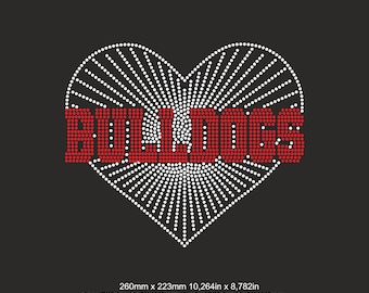 May include: A black background features a heart-shaped design made of white dots, with the word "BULLDOGS" in red dots. The text "RHINESTONE TEMPLATES" is at the top. The image dimensions are 10.264 inches by 8.782 inches.