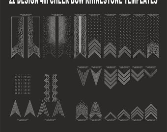 May include: 22 designs for 4-inch cheer bow rhinestone templates. The designs include various shapes and patterns, such as stripes, zigzags, and arrows. The templates are available in SVG, EPS, DXF, CDR, and PNG file formats.