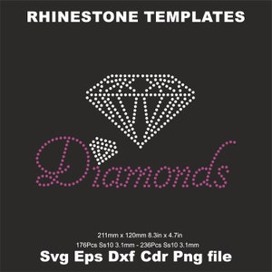 May include: A rhinestone template design for a diamond with the word "Diamonds" in pink rhinestones. The design is 8.3 inches by 4.7 inches and uses 176 to 236 size 10 rhinestones.