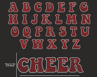 May include: A set of 3-inch tall letters and the word "CHEER" made with red rhinestones. The letters are outlined in white and are perfect for creating custom designs on clothing, bags, or other items.