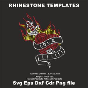 May include: A rhinestone template design featuring a red heart with a banner that says "LOVE" and flames. The design is 7.83 inches by 9.47 inches and includes 138 orange, 335 red, and 395 white rhinestones.