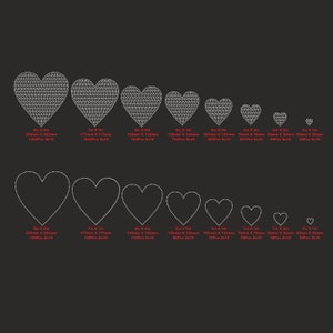 May include: A set of ten heart-shaped rhinestone iron-on patches in various sizes, ranging from 1 inch to 8 inches. The patches are white and have a diamond-like pattern. The sizes and number of rhinestones are listed below each heart.