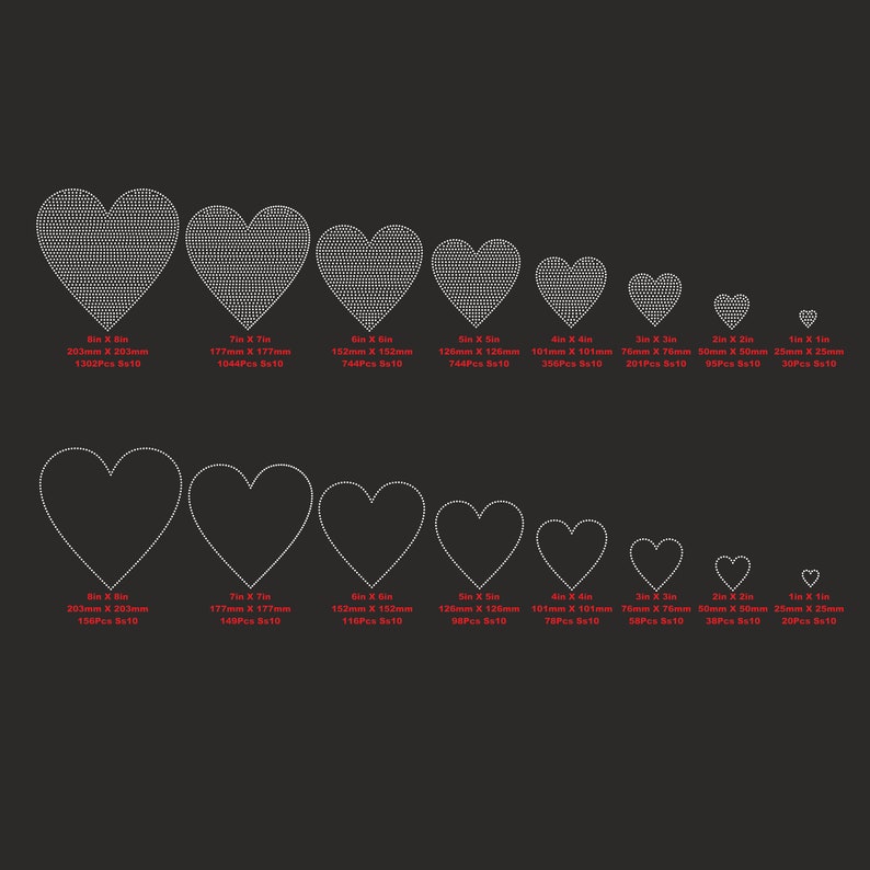 May include: A set of ten heart-shaped rhinestone iron-on patches in various sizes, ranging from 1 inch to 8 inches. The patches are white and have a diamond-like pattern. The sizes and number of rhinestones are listed below each heart.