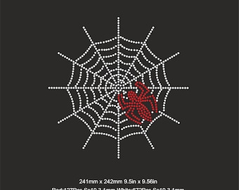 May include: A black background features a white rhinestone spider web design with a red rhinestone spider in the center. The text "RHINESTONE TEMPLATES" is at the top. The design measures 9.5 inches by 9.56 inches.