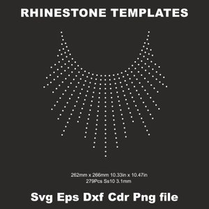 May include: A white rhinestone template for a necklace design. The template is 10.33 inches by 10.47 inches and uses 279 size 10 rhinestones, which are 3.1 mm in size. The template is for use with SVG, EPS, DXF, CDR, and PNG files.