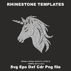 May include: A rhinestone template featuring a unicorn head design. The image is composed of numerous small, white rhinestones against a black background. Text at the top reads "RHINESTONE TEMPLATES". The design measures approximately 10.519" x 9.725".