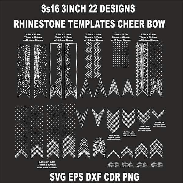 SS16 Cheer Bow Rhinestone Templates,3 inch size rhinestones, V tail, 3 inch, various patterns, digital download, svg, eps, png, dxf