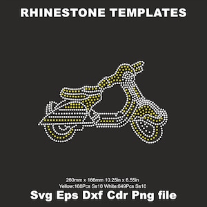 May include: A black background with the text "RHINESTONE TEMPLATES" at the top. A scooter design is made of yellow and white rhinestones. The dimensions are 10.25 inches by 6.55 inches, and the file types are SVG, EPS, DXF, CDR, and PNG.