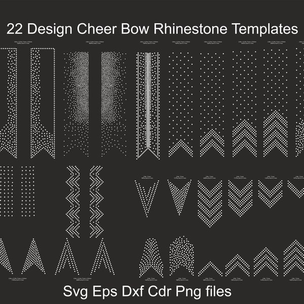 22 Cheer Bow Rhinestone Templates, ss10 and ss6 size rhinestones, V tail, 3 inch, various patterns, digital download, svg, eps, png, dxf