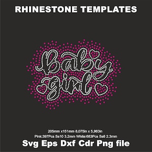 May include: Rhinestone template design for a baby girl. The design says "Baby Girl" with a heart in pink and white rhinestones. The design is 8.075 inches by 5.963 inches.
