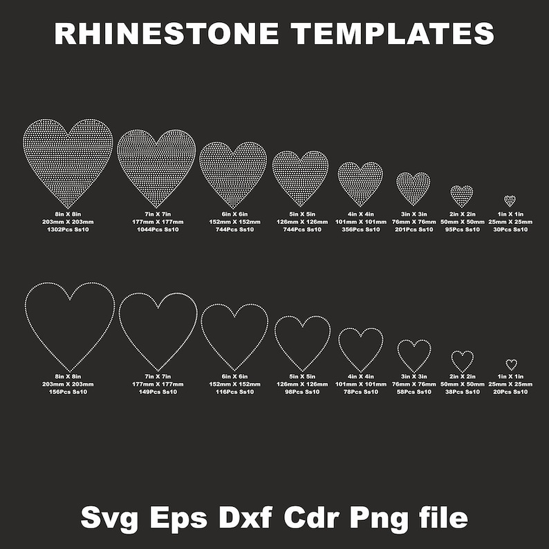 May include: A set of 10 rhinestone heart templates in various sizes, ranging from 1 inch to 8 inches. The templates are printed on a black background and show the placement of rhinestones for each size.