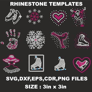 May include: A set of 10 rhinestone templates for crafting projects. The templates include a snowflake, a heart, a handprint, a figure skater, a pair of ice skates, a hat, and more. The templates are 7.6 cm by 7.6 cm and are available in SVG, DXF, EPS, CDR, and PNG file formats.