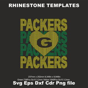 May include: Green and yellow rhinestone template for a Packers logo with a heart and the word "PACKERS" repeated three times. The template is 9.349 inches by 9.948 inches and uses 738 green and 1949 yellow rhinestones.