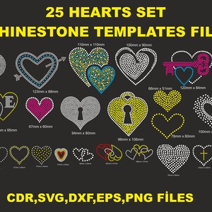 Puede incluir: Un conjunto de 25 plantillas de corazón de strass para manualidades. Las plantillas son de varios tamaños y diseños, incluyendo corazones con llaves, flechas y cruces. Las plantillas están disponibles en los formatos de archivo CDR, SVG, DXF, EPS y PNG.