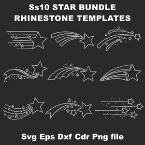 May include: A set of 10 rhinestone templates featuring shooting stars in various designs. The templates are perfect for creating custom iron-on designs for clothing, bags, and other accessories.  The templates are available in SVG, EPS, DXF, CDR, and PNG file formats.