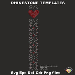 May include: A rhinestone template design featuring a red heart with a swirl pattern. The template is 2.6 inches by 16.4 inches and requires 918 SS6 and 163 SS10 rhinestones.  Svg, Eps, Dxf, Cdr, and Png files are included.