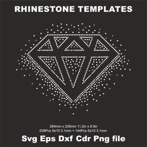 Puede incluir: Un diseño de plantilla de pedrería en forma de diamante sobre un fondo negro. El diseño está hecho de puntos blancos y grises, con el texto "RHINESTONE TEMPLATES" en la parte superior. La imagen incluye medidas de 284 mm x 226 mm e información del tipo de archivo.