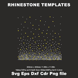 Könnte beinhalten: Schwarzer Hintergrund mit dem Text "RHINESTONE TEMPLATES" in Weiß. Das Bild zeigt ein Design aus gelben und weißen Punkten mit den Maßen 303 mm x 303 mm. Das Bild enthält auch Informationen zum Dateityp.