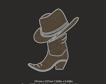 May include: Rhinestone template design of a cowboy boot with a hat on top. The design is made up of brown and white rhinestones. The template is 7.529 inches by 9.348 inches.