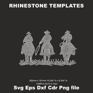 May include: Black background with the text "RHINESTONE TEMPLATES" at the top. Below are three rhinestone templates of figures. The image also includes the dimensions, rhinestone count, and file type information.
