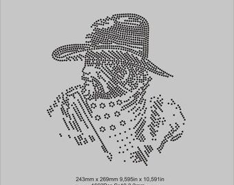 May include: A black and white rhinestone template of a person wearing a cowboy hat. The template is 9.595 inches by 10.591 inches and uses 1662 SS10 rhinestones, which are 3.2 mm in size. The template is available in SVG, EPS, DXF, CDR, and PNG file formats.