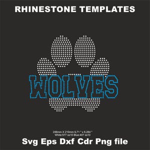 May include: A black background features a white paw print design made of small dots, with the word "WOLVES" in blue dots. The text "RHINESTONE TEMPLATES" is at the top. The image dimensions are 9.71" x 8.284".