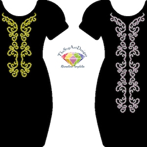 May include: Two black dresses with a decorative design on the front. The design on the left dress is gold, and the design on the right dress is pink.