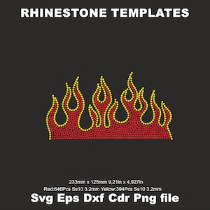 May include: A rhinestone template design of flames, with red and yellow rhinestones. The design is 233mm x 125mm. The image also includes the text "RHINESTONE TEMPLATES" and file type information.