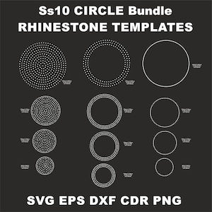 May include: A set of 10 circle rhinestone templates in various sizes, ranging from 1.5 cm to 5 cm in diameter. The templates are designed for use with rhinestones and are perfect for creating custom designs on clothing, accessories, and other crafts. The templates are available in SVG, EPS, DXF, CDR, and PNG formats.
