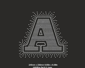 May include: A white rhinestone template of the letter A, 9.65 inches by 9.09 inches, with 1083 rhinestones. The template is for use with SS10 size rhinestones, which are 3.1 mm in size. The template is available in SVG, EPS, DXF, CDR, and PNG file formats.