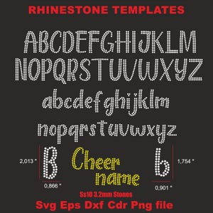 May include: Black background with white rhinestone alphabet letters in uppercase and lowercase. The words "Cheer name" are in yellow rhinestones. The image also includes the text "RHINESTONE TEMPLATES" and "Svg Eps Dxf Cdr Png file".
