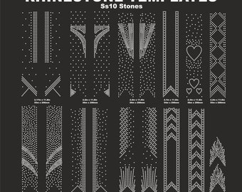May include: Twelve 2.5 inch cheer bow rhinestone templates for creating cheer bows. The templates are designed for SS10 size rhinestones and are shown in black and white. The templates are labeled with the dimensions in inches and millimeters. The text "Svg Eps Dxf Cdr Png file" is at the bottom of the image.