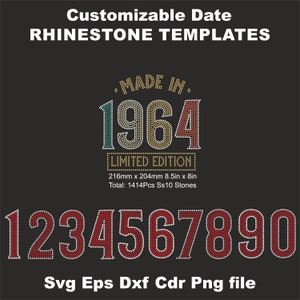 Rhinestone Vintage Date Templates Customizable Date of Birth Number Limited Edition SVG,vintage birthday Design ss10 Rhinestone Template