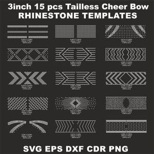 Plantillas SVG de 15 piezas de lazo de animadora sin cola de 3 pulgadas con diamantes de imitación, diadema SS10, plantilla SVG de diamantes de imitación con cola de cerdo, varios patrones, descarga digital