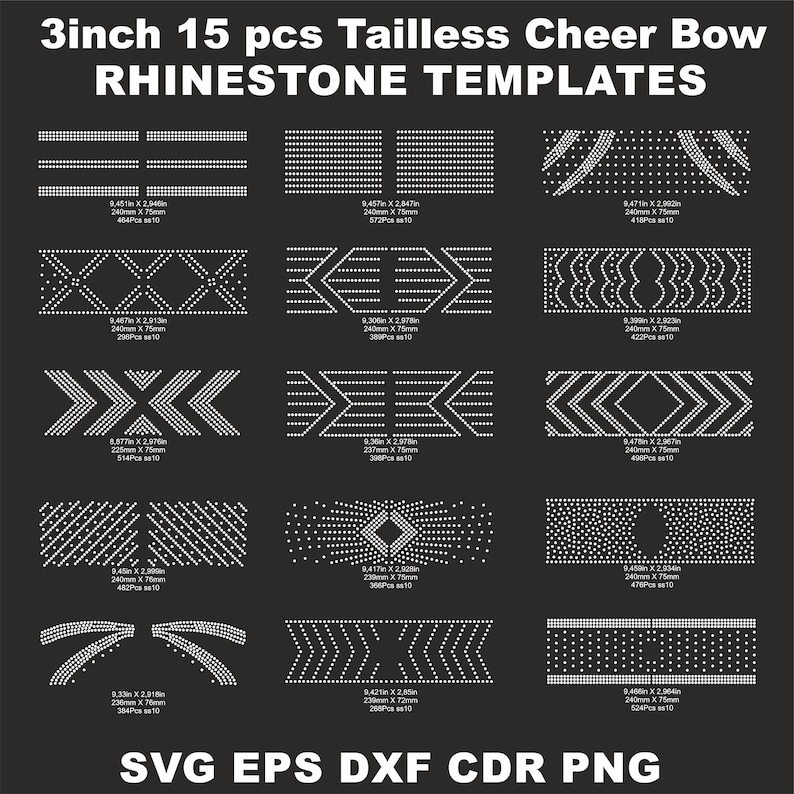 May include: Fifteen rhinestone templates for cheer bows, each measuring 3 inches in size. The templates feature various designs, including stripes, arrows, and swirls. The templates are designed for use with rhinestones and are perfect for creating custom cheer bows.