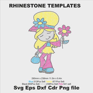 May include: A rhinestone template design of a girl wearing a yellow hat with a blue flower, a yellow and pink dress, and holding a pink flower. The template is 11.5 inches by 9.4 inches and includes 313 blue rhinestones, 871 yellow rhinestones, 955 black rhinestones, 238 white rhinestones, and 541 pink rhinestones. The template is available in SVG, EPS, DXF, CDR, and PNG file formats.