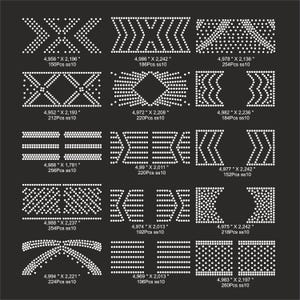 Może przedstawiać: Arkusz wzor&oacute;w z kryształk&oacute;w do projekt&oacute;w rękodzielniczych. Wzory obejmują strzałki, diamenty, fale i inne kształty geometryczne. Arkusz jest oznaczony rozmiarem i liczbą kryształk&oacute;w dla każdego wzoru.