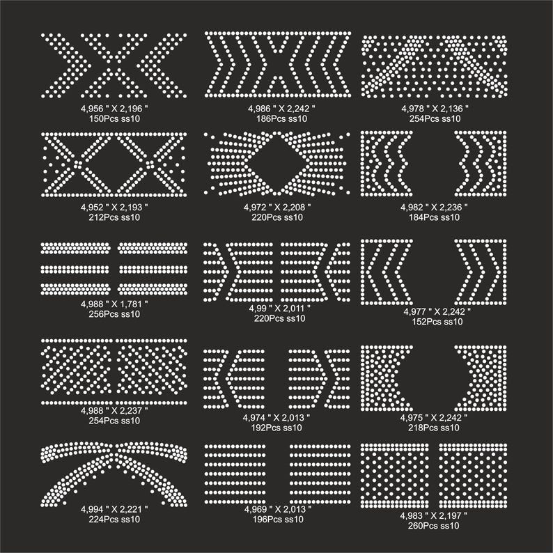 Może przedstawiać: Arkusz wzor&oacute;w z kryształk&oacute;w do projekt&oacute;w rękodzielniczych. Wzory obejmują strzałki, diamenty, fale i inne kształty geometryczne. Arkusz jest oznaczony rozmiarem i liczbą kryształk&oacute;w dla każdego wzoru.