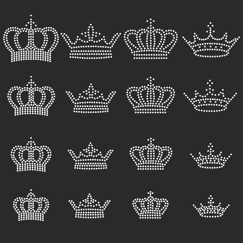 May include: A set of 15 white rhinestone crown designs. The crowns are of various sizes and styles, with some featuring a pointed top and others with a rounded top.