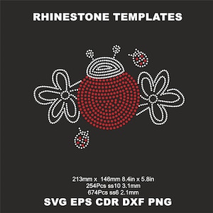 Puede incluir: Plantilla de pedrería con diseño de una mariquita con flores. El diseño mide 8,4 pulgadas por 5,8 pulgadas y utiliza 254 pedrerías de tamaño 10 y 674 pedrerías de tamaño 6.