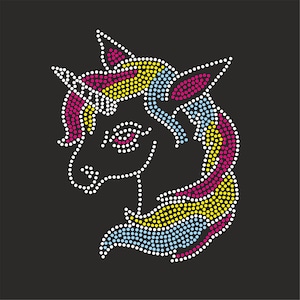 May include: A colorful unicorn head design made of rhinestones. The unicorn has a blue, yellow, and pink mane and horn. The rhinestones are arranged in a pattern to create the image.